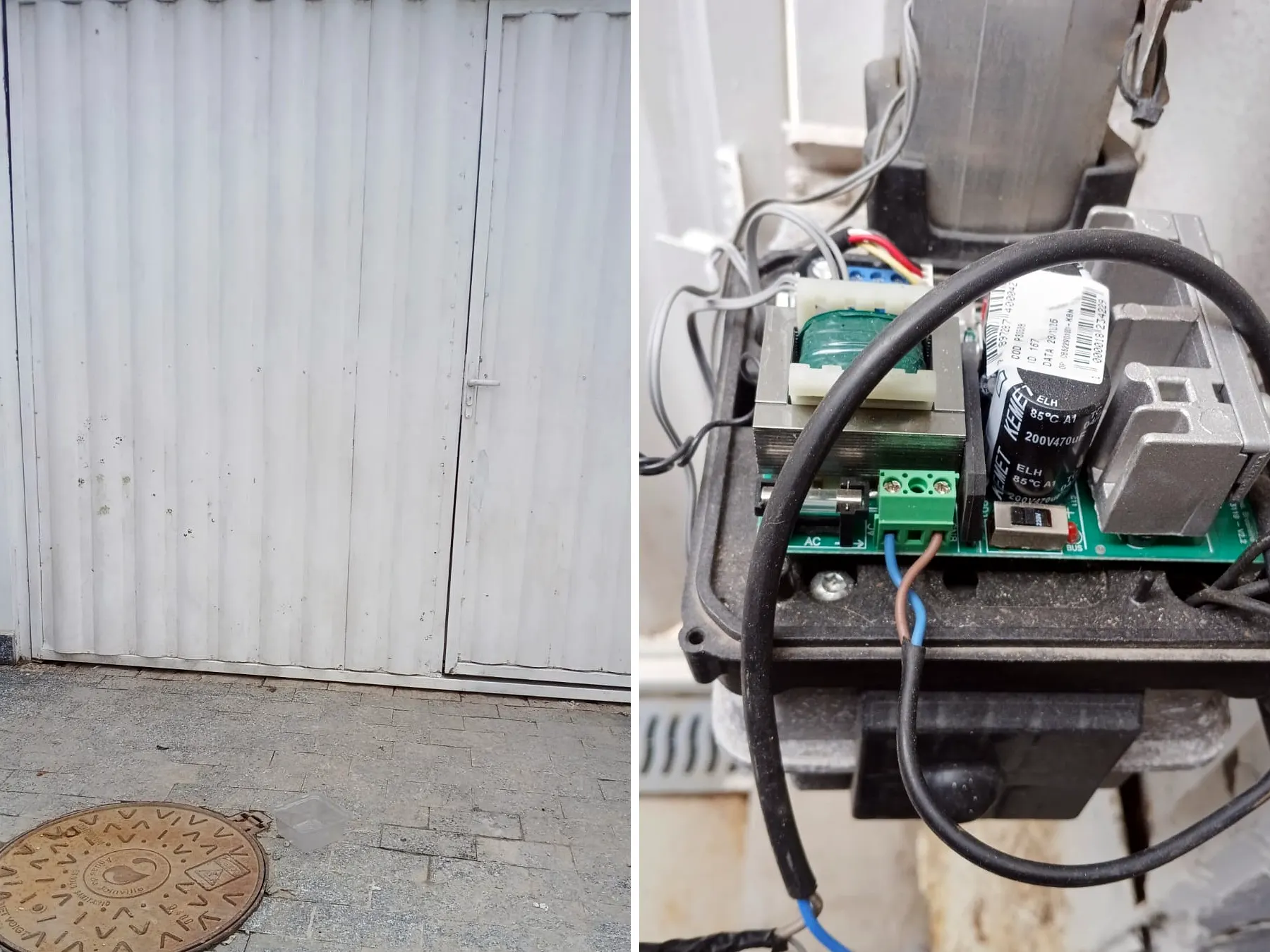 À esquerda, portão de aço branco de duas partes com porta social, em residência no bairro Fátima, em Joinville/SC, durante manutenção preventiva. À direita, a central de comando do motor do portão eletrônico aberta, com placa, transformador, capacitor e bornes de ligação à mostra.